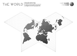 Vector map of the world. Collignon butterfly projection of the world. Grey shades colored polygons. Energetic vector illustration.