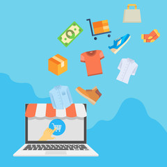 Online shopping concept with laptop and goods flying into it. Vector illustration 