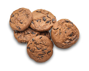Tasty cookies with chocolate chips on white background