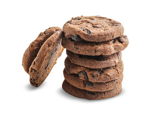 Tasty cookies with chocolate chips on white background