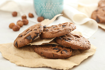 Tasty chocolate cookies on table, closeup