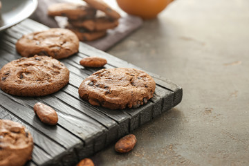 Tasty chocolate cookies on table, closeup
