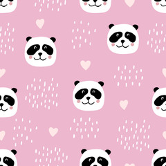 Cute seamless pattern with panda faces and hearts. Background for kids with wild animals - panda. Vector illustration