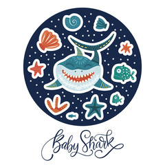 Cartoon Vector Shark Illustration. Baby shark cute design with sea animal fishes and hand drawn lettering quote.