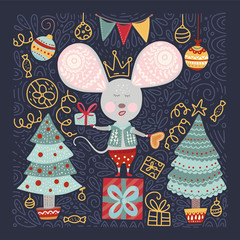 Christmas funny cartoon hand drawn mouse card in a flat and doodle style. Winter vector poster with cute New Year mice.