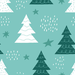Obraz premium Winter seamless hand drawn pattern with Christmas trees and stars. Scandinavian design style. Vector illustration