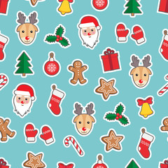 Seamless pattern of Christmas and New Year symbols. Gingerbread man, Santa Claus, deer, bell, candy, gift, ball, Christmas tree, mistletoe, gloves pattern on blue background. Vector illustration.