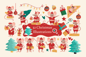 Flat vector set off little mouse with cheese in different poses. Christmas greeting illustrations with cute mice and decorations.