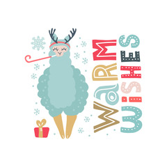 Hand drawn vector illustration of a cute funny llama in deer antlers, with snowflakes, text Warm Wishes. Isolated objects on white. Scandinavian style flat design. Concept for Christmas card, invite.