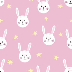 Cute seamless pattern with bunny faces and stars. Background for kids with wild animals - rabbit. Vector illustration