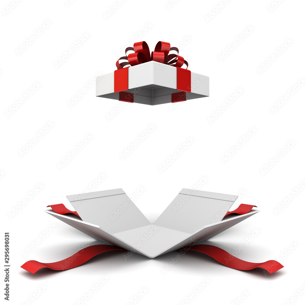 Poster Present box or blank gift box with red ribbon and bow open isolated on white background with shadow 3D rendering