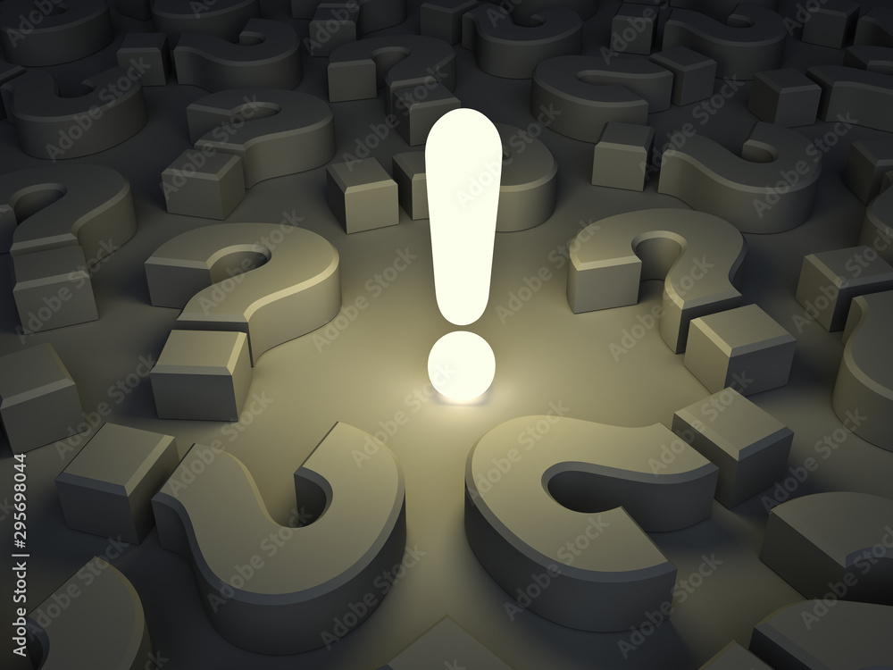 Poster exclamation mark light bulb glowing among many question marks in the dark night background idea conc
