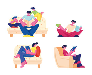 Happy Family Reading Hobby Home Spare Time Set Isolated on White Background. Male and Female Characters and Kids Spending Time in Relaxed Domestic Atmosphere with Book Cartoon Flat Vector Illustration