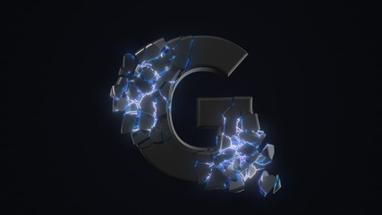 strangely cracked G letter. technological and mystical look with glowing inside details. 3d illustration