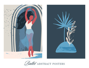 Ballet dancer girl and tropical nature poster set. Ballerina illustration. Abstract vector collection. Flat and Hand drawn brush ink textured art.