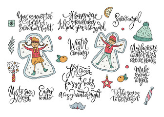 Winter and Christmas vector set. Calligraphy lettering greeting text and cartoon doodle holiday illustrations. Happy New year collection.
