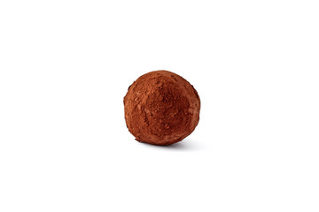 Healthy energy ball decorated with cocoa powder  isolated on the white background. Organic candy made with dates, raisins, nuts and cocoa.