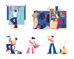 Household Activities Set. Male and Female Characters with Cleaning Equipment Mopping Vacuuming Floor Rub Sweeping Hanging Curtains and Clean Up Wardrobe at Home. Cartoon Flat Vector Illustration
