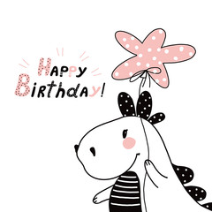 digital drawing of a cute birthday dinosaur with a balloon