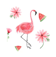 Foto auf Acrylglas Flamingo watercolor drawing pink flamingo with pink flowers and watermelon
