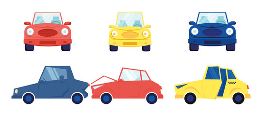 Cars Set Isolated on White Background. Different Multicolored Sedan Cars Front and Side View Taxi Cab Accident Situation with Automobile Having Broken Bumper Cartoon Flat Vector Illustration, Clip Art