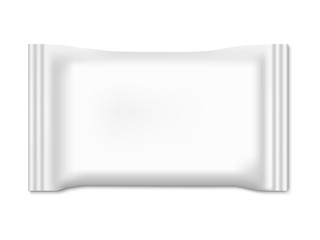 Blank white plastic package for wet wipes or towels. Realistic 3D vector mock up with shadow on white background.