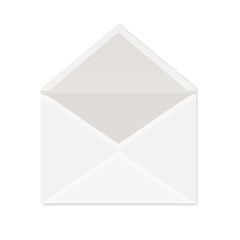 Realistic white paper envelope for postcard or invitation. Blank vector mockup of opened envelope with shadow on white background.