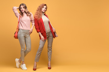 Two fashionable woman sisters in Trendy autumn red pink outfit, stylish hair, makeup. Joyful friends in jacket, jumper smiling on orange. Cheerful girl, stylish fashion accessories, beauty style