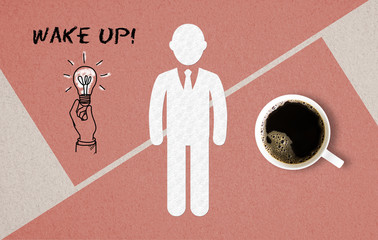 cup of coffee, a drawn person and text 