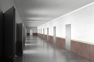 long corridor with doors, interior visualization, 3D illustration