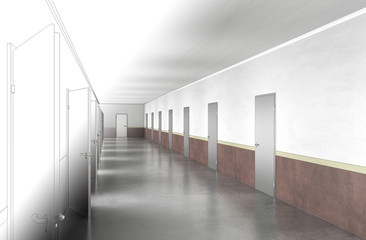 long corridor with doors, interior visualization, 3D illustration