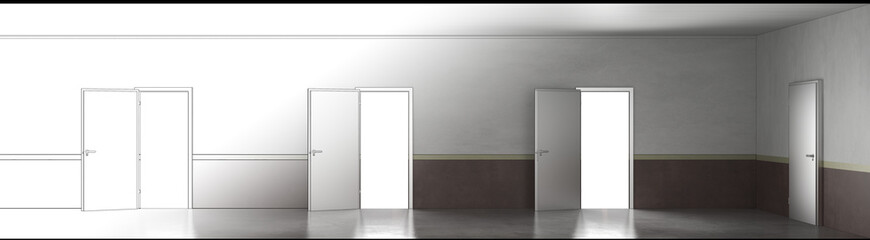 long corridor with doors, interior visualization, 3D illustration