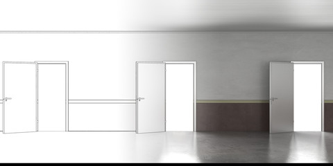 long corridor with doors, interior visualization, 3D illustration