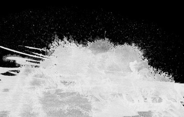 White grunge ink blot. Isolated on black. Abstract smear acrylic and watercolor painted texture paper background.