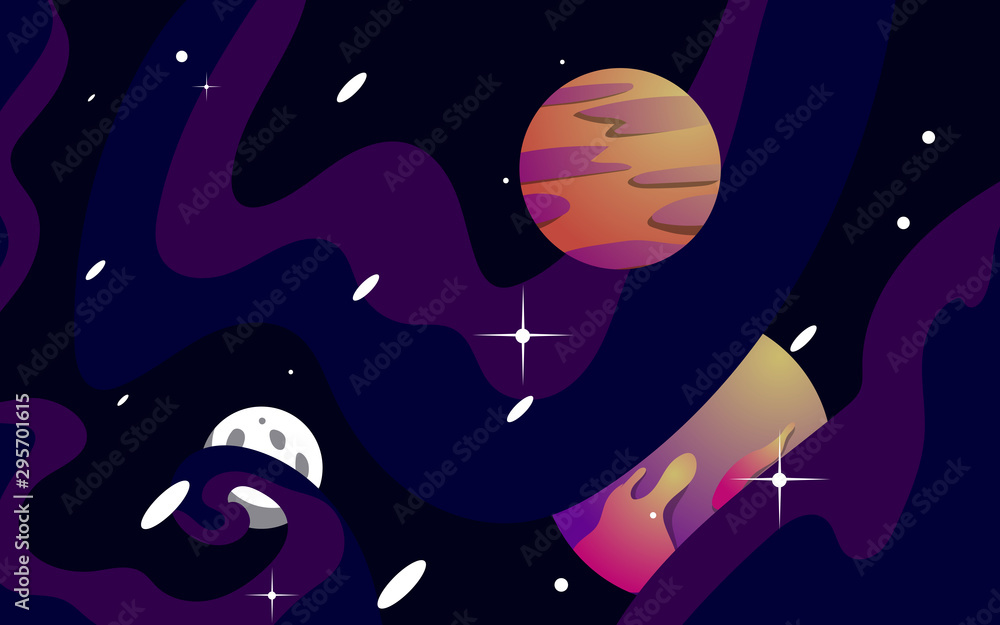 Sticker vector space background . cute flat style template with stars planet and moon in outer space