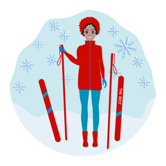 African girl, teenager with skis, snowflakes, snowdrift - isolated on white background - vector. Winter holidays.