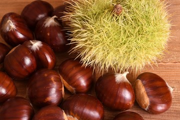 Closeup on chestnuts and curly on wooden background. Raw chestnuts for Christmas.