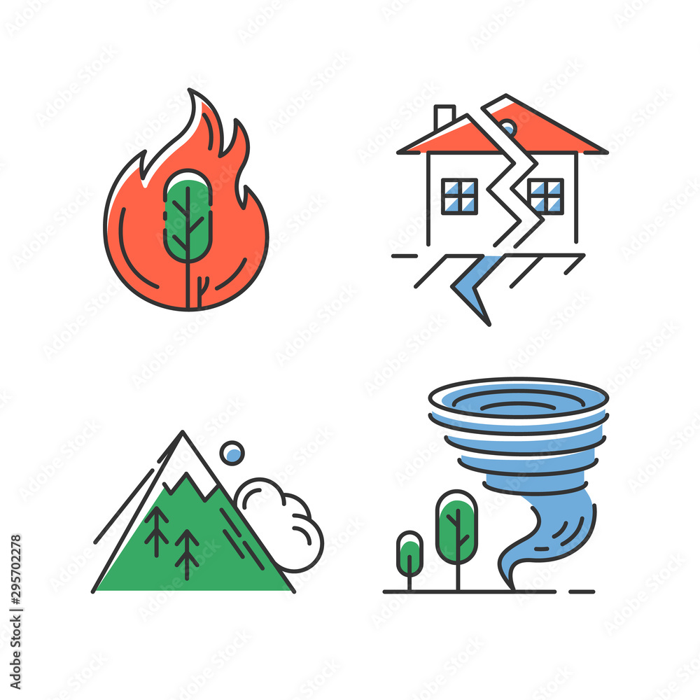 Wall mural Natural disaster color icons set. Global catastrophes. Wildfire, earthquake, tornado, avalanche. Destructive force of nature. Geological and atmospheric hazards. Isolated vector illustrations