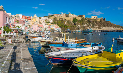 Fototapeta na wymiar Colorful harbour in the beautiful island of Procida, near Napoli, Campania region, Italy. 