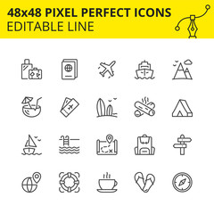 Simple set of vector stroke icons for tourism and travelling. Contains such icons as passport, ticket, luggage, mountains etc. 48x48 Pixel perfect. Editable line. Vector-Vector.
