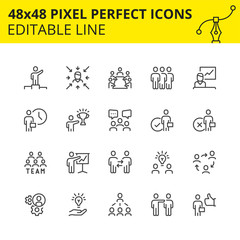 Simple set of vector stroke icons for team work and business people. Contains such icons as meeting, collaboration, inspector, team structure etc. 48x48 Pixel perfect. Editable line. Vector-Vector.