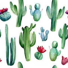Watercolor hand painted seamless pattern with different cactuses on white background.