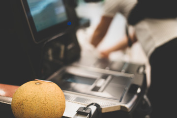 Self-checkout counter in a supermarket. Modern technology in trade. Electronic cashier.
