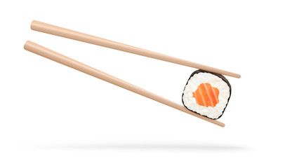 Sushi roll with chopsticks isolated on a white background. Traditional Japanese restaurant sea food. Realistic vector illustration © Vladyslav