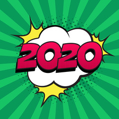 Retro comic speech bubble with colorful halftone shadow on green stripes pattern. Number 2020 text for New Year. Vector illustration, vintage design, pop art style.