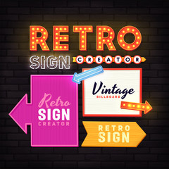 Retro signboard. Set elements for street sign. Neon sign. Advertising space.