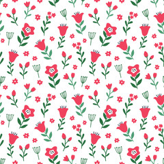 Seamless colorful floral pattern with wild flowers. Ditsy print. Simple scandinavian style. Vector illustration