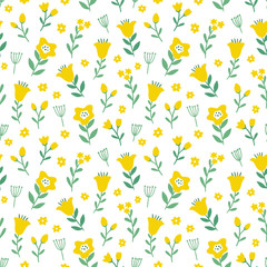 Seamless colorful floral pattern with wild flowers. Ditsy print. Simple scandinavian style. Vector illustration