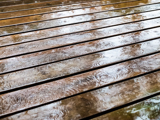 Raindrops on the wooden outdoor floor.