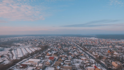 Aerial view on old town of Zhytomyr at sunset in winter